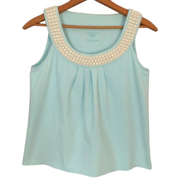 Talbots Embellished Top Tank Shell Glass Beads Petite Aqua White Stretch Career. - Picture 1 of 16